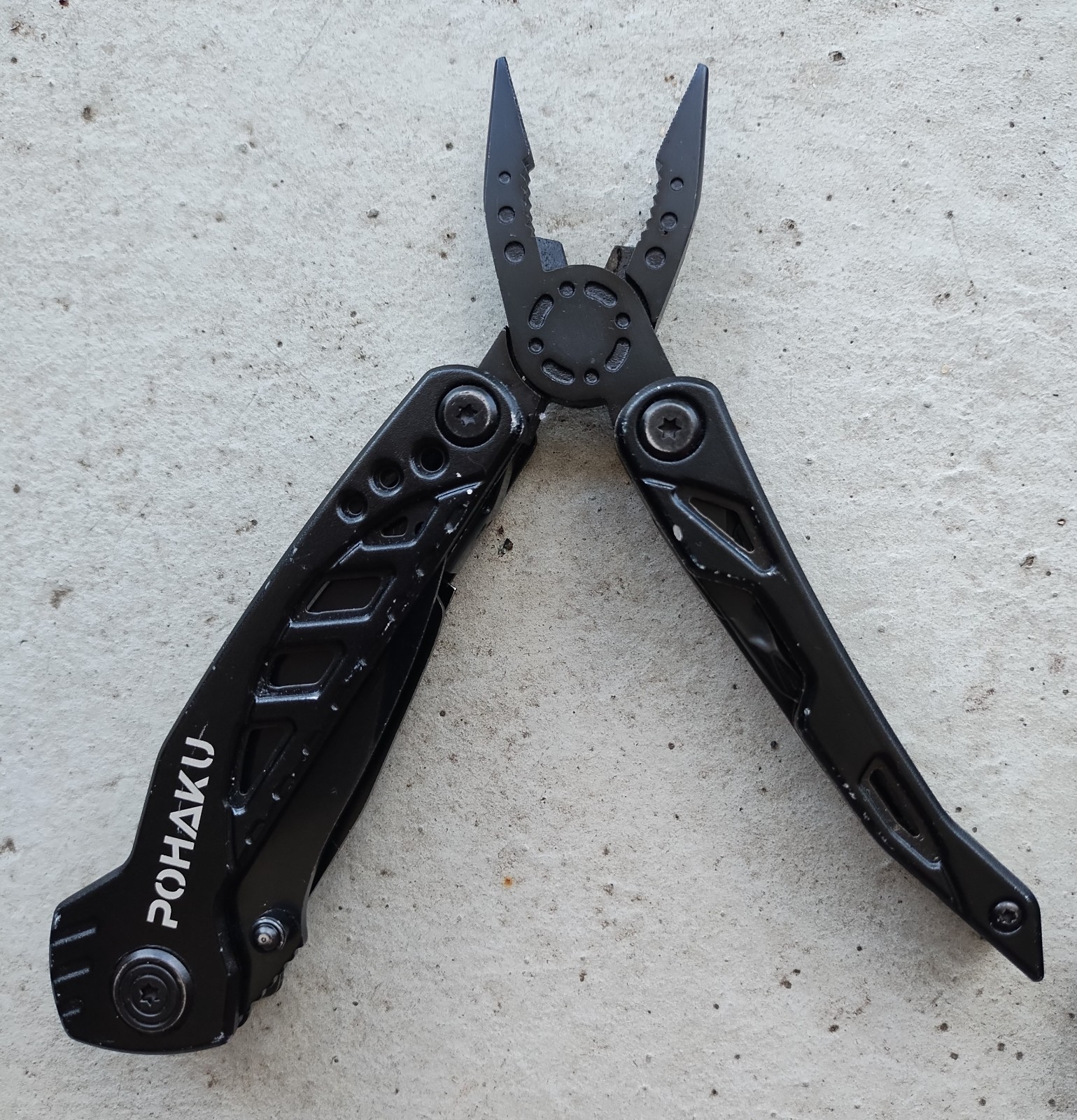 POHAKU BLACK & SILVER MULTI TOOL PLIERS KNIFE, SAW BLADE, FILE, ETC. LOT OF 2