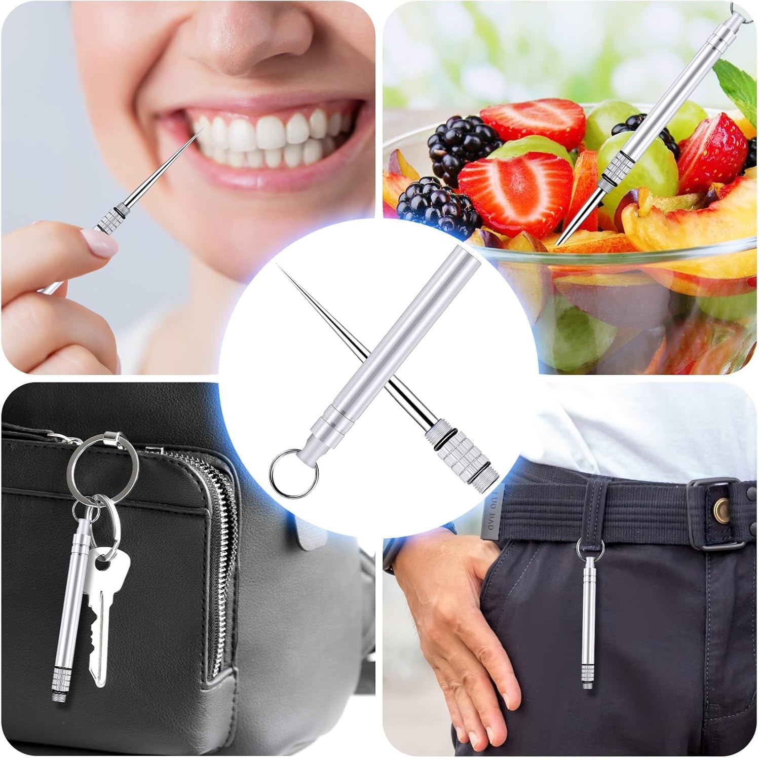 Metal Titanium Toothpicks, 8Pcs Silver Reusable Keychain Telescopic Toothpick