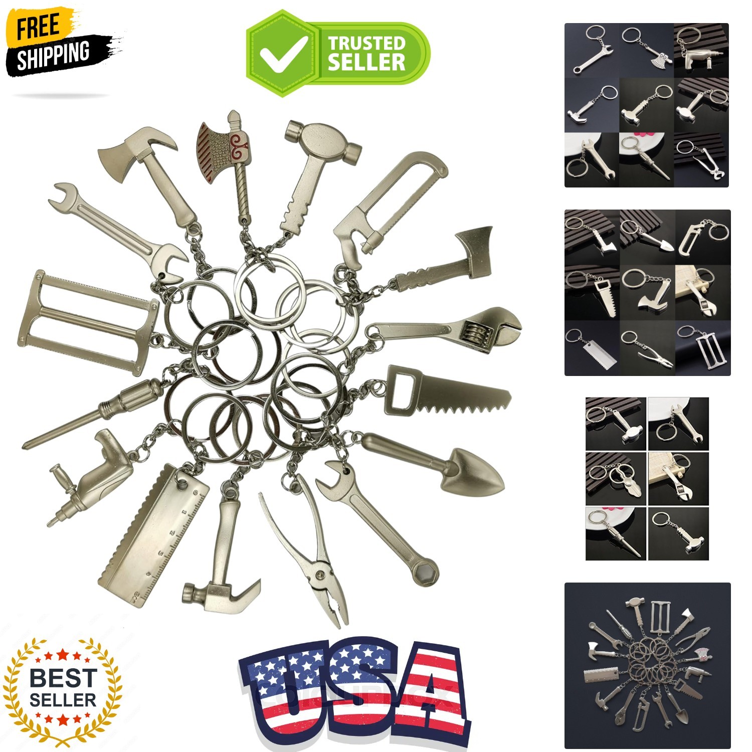 16-Piece Pretend Play Set Mini Construction Multi Tools Metal Keychains, Asso…