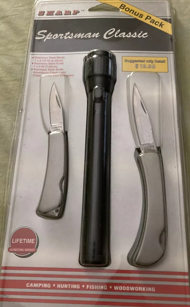 NEW Sharp Sportsmans classic 2 knife set and flashlight- vintage