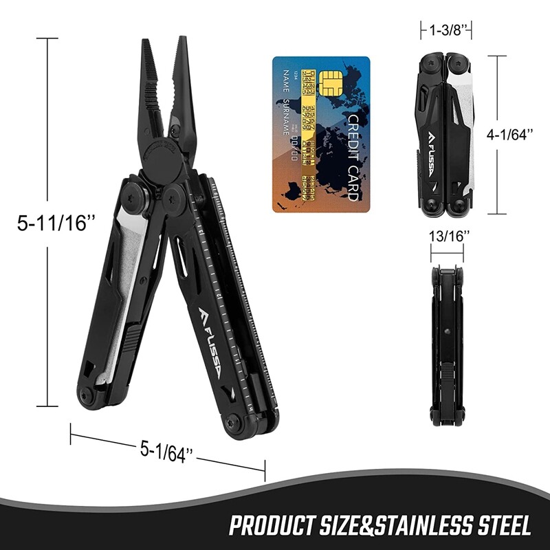 Flissa 16-in-1 Multitools with Sheath, Stainless Steel EDC Multitool-Black