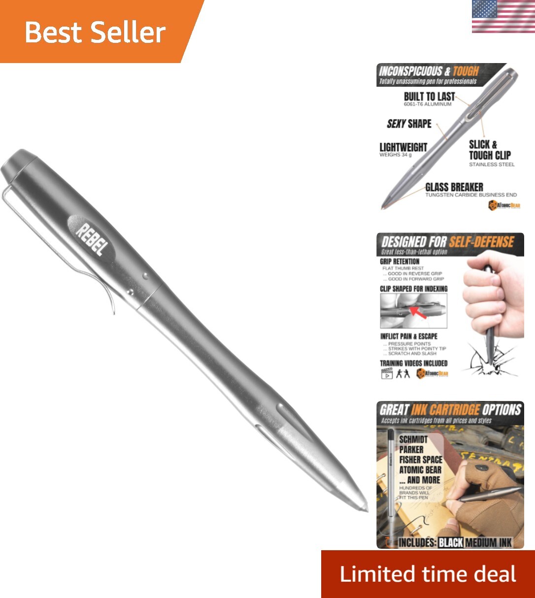 The Atomic Bear Tactical EDC Pen with Glass Breaker – 2 Black Ink Cartridges