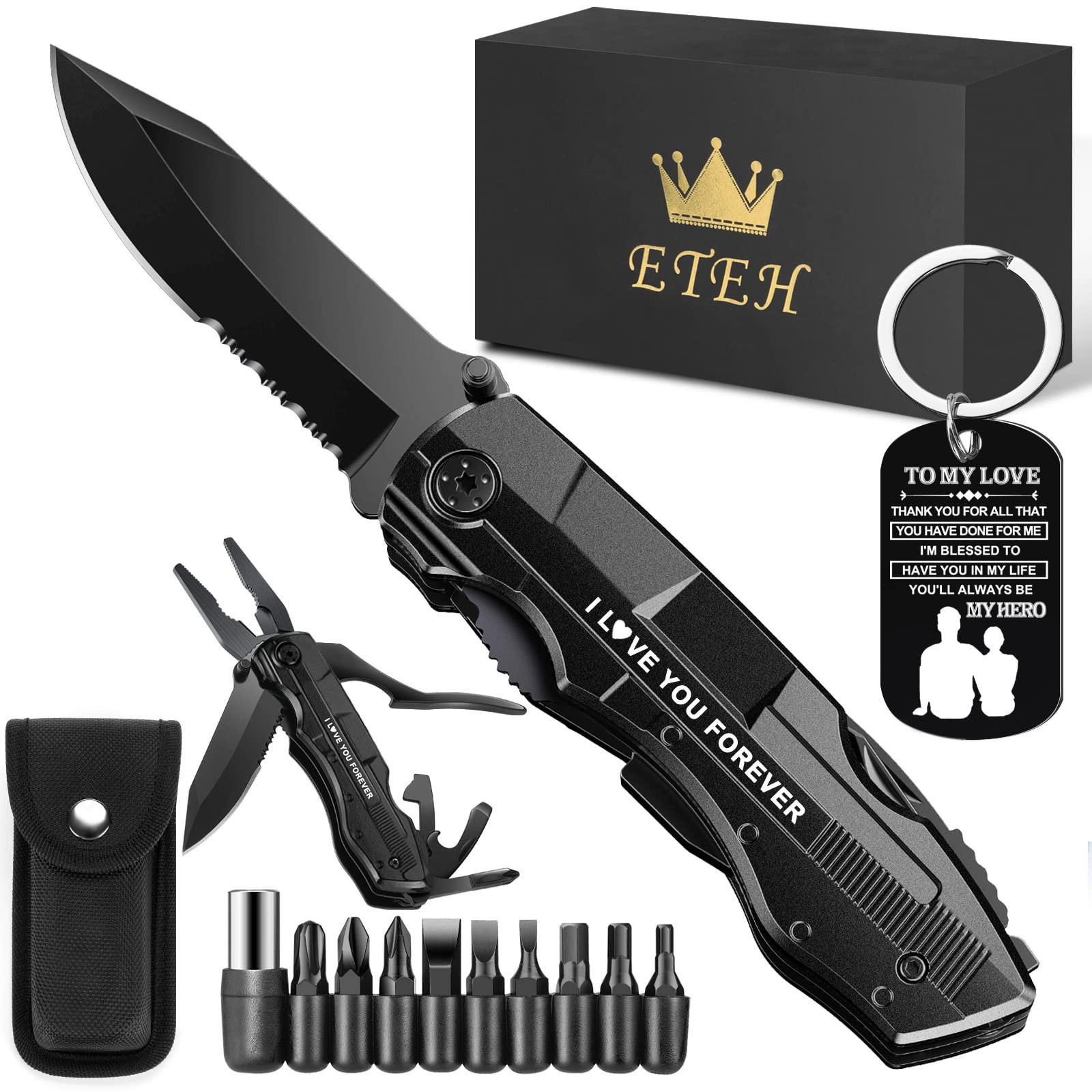 Gifts for Boyfriend Husband,Multitool Pocket Knife “I LOVE Black
