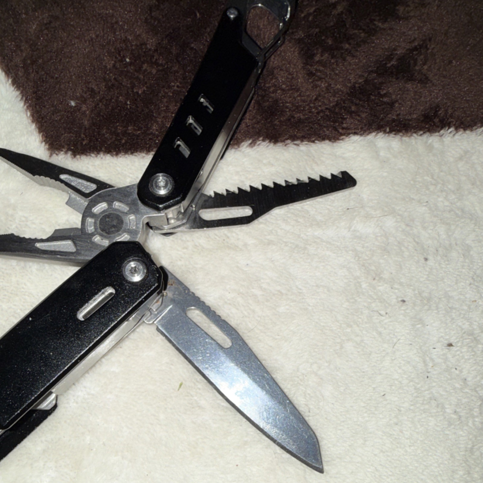 Black Silver Stainless Steel Multi-Tool Plier Knife Saw Carabiner Clip