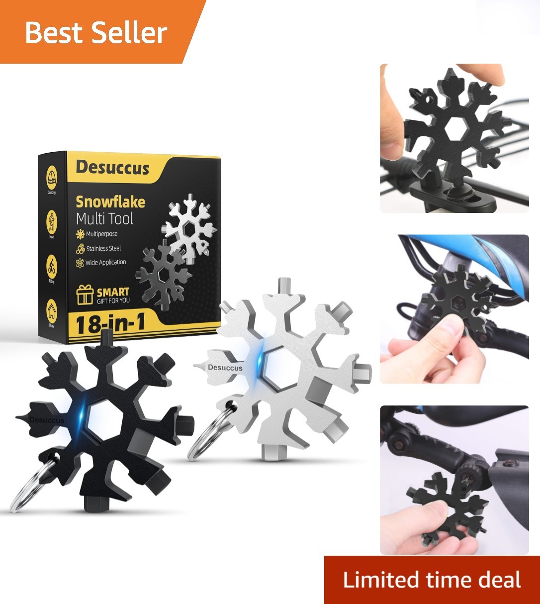 Stainless Steel Snowflake Multi Tool – Portable 18-in-1 Gift Set, Silver/Black
