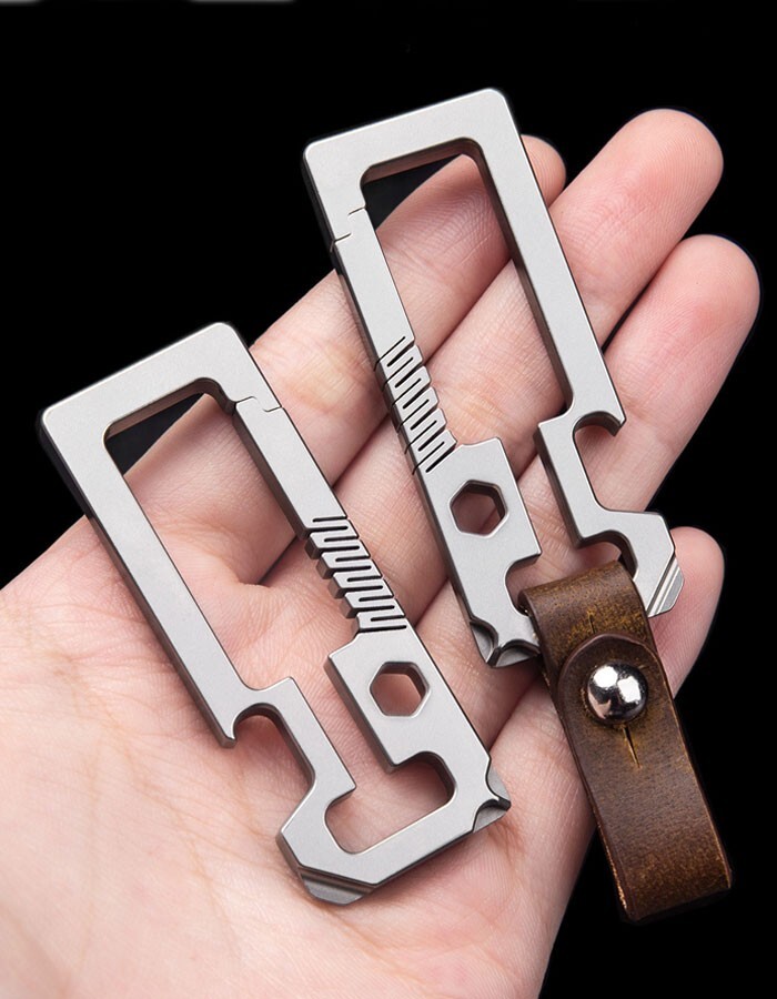TC4 EDC Titanium Alloy + Leather Multi Tools Keychain Carabiner Car Key Pendant