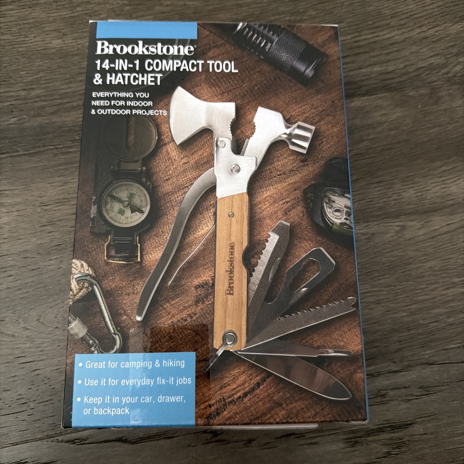 Brookstone 14-in-1 Multi-Tool Hatchet Stainless Steel Wood Handle SMBKN-70268