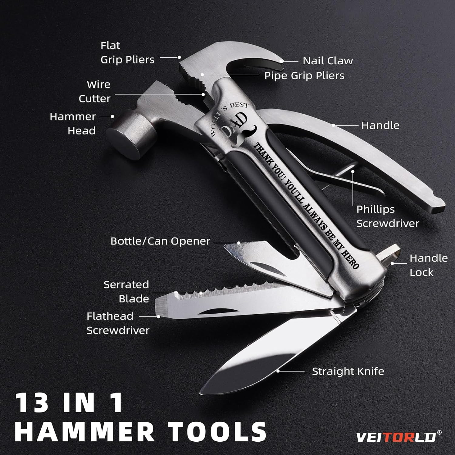 All-in-One Survival Hammer Multitool with Engraved Box – Great Gift for Dad