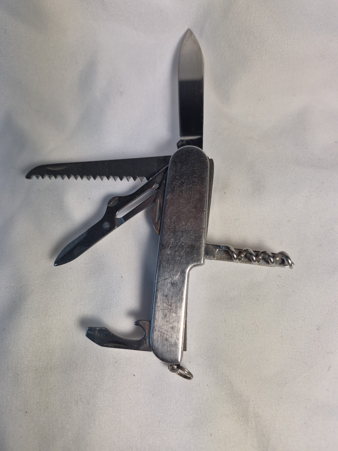 10 MULTI TOOL Silver VTG MERRYMANS Pocket Advertising Knife Army Camp Survival