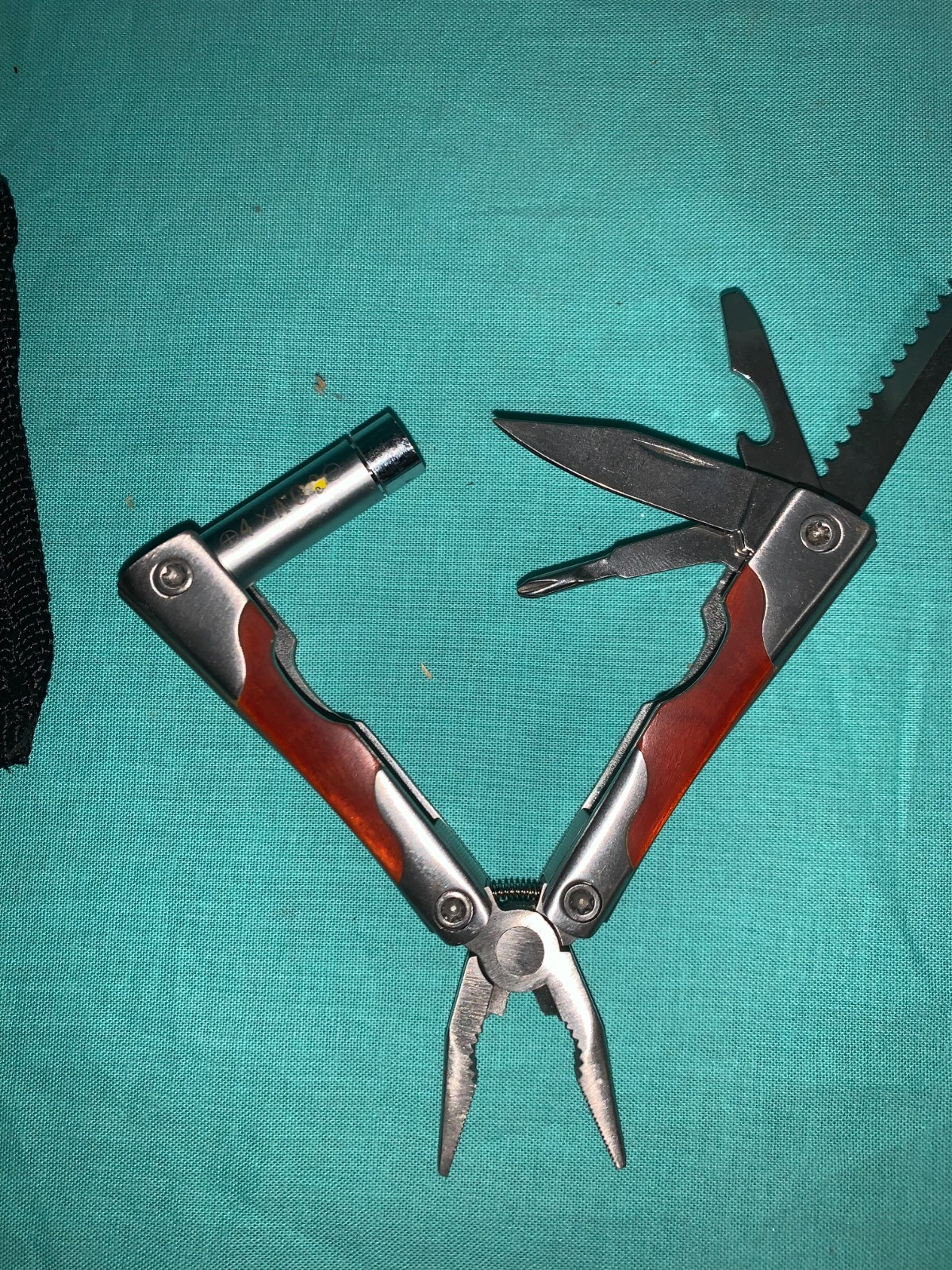 Eddie Bauer Silver &Woodgrain Multi Tool & Black Sheath Multi Bit & flashlite 2”