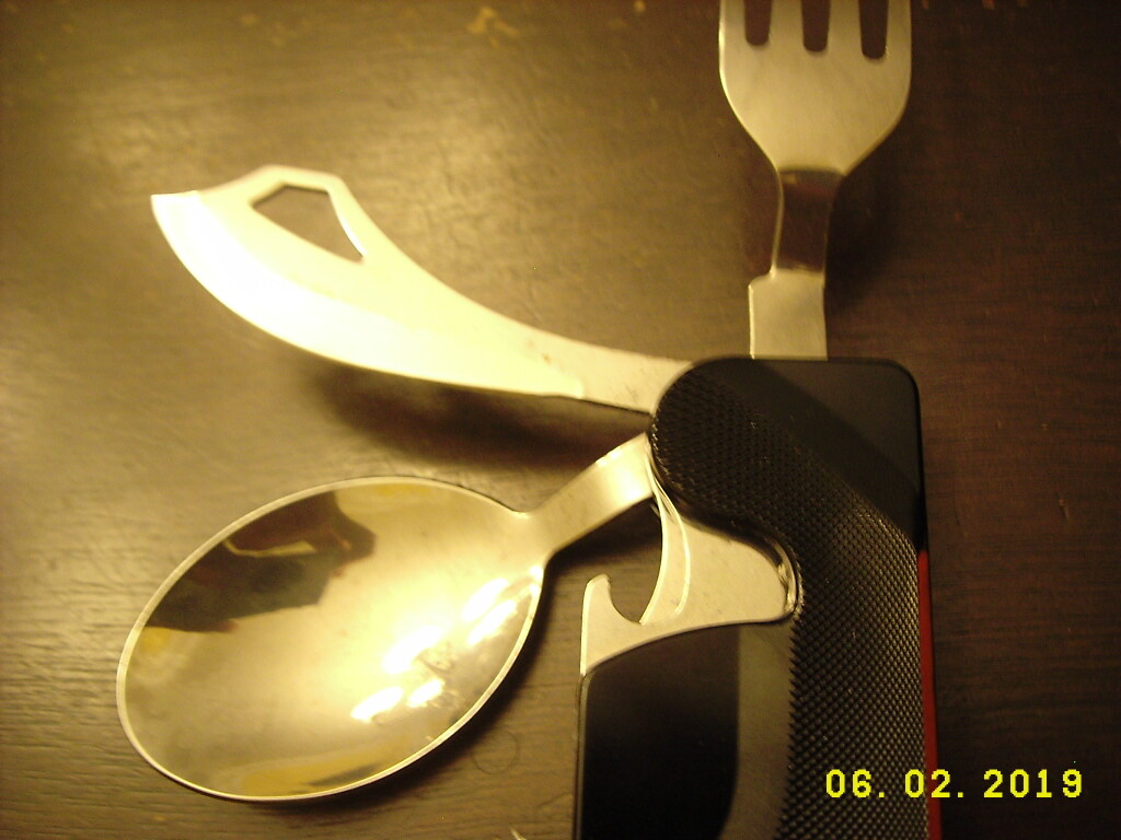 Knife Fork and spoon utility knife with Bottle opener and clip for lanyard NEW