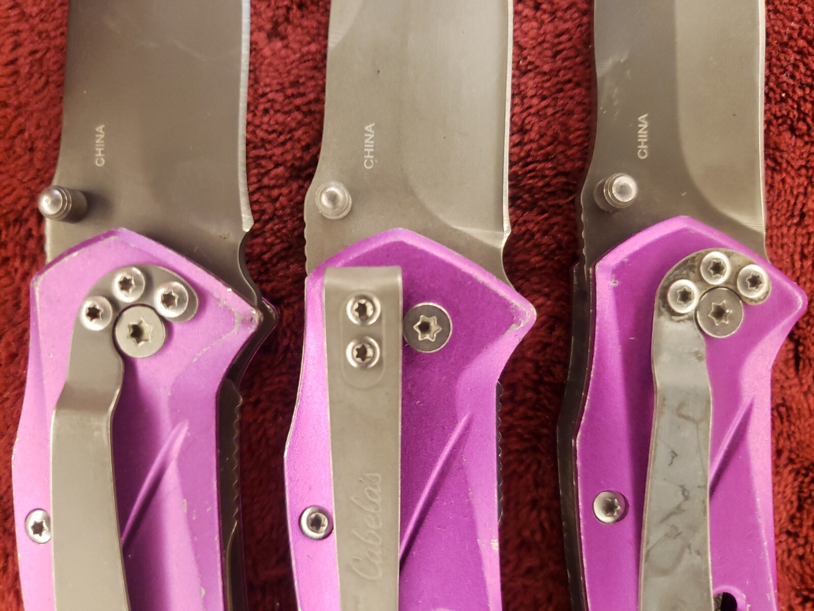Lot 3 Cabela’s Plain Edge Liner Lock Aluminum Scale Folding Purple