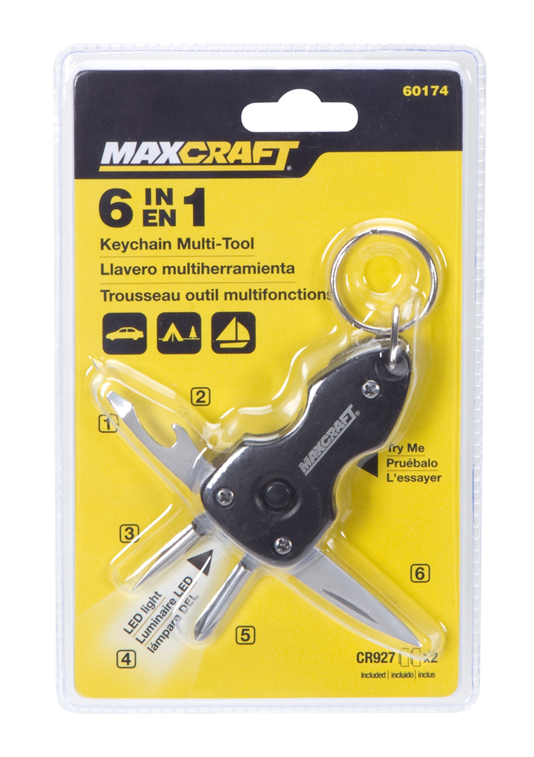 NEW MAXCRAFT 6 IN 1 STAINLESS STEEL KEYCHAIN POCKET MULTI-TOOL WITH LED LIGHT