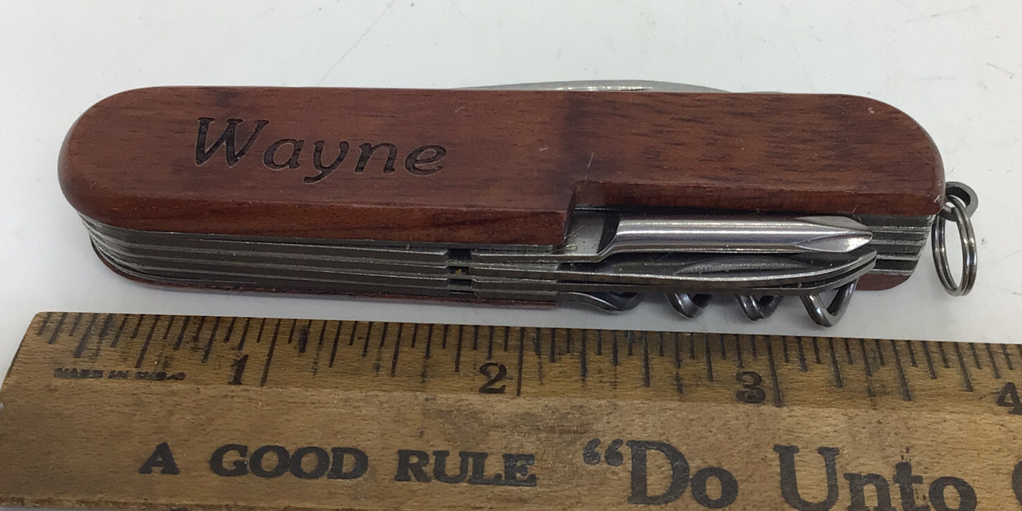 MULTI Function CAMPING TOOL KNIFE Swiss Army Style Wood Grain Engraved “WAYNE”