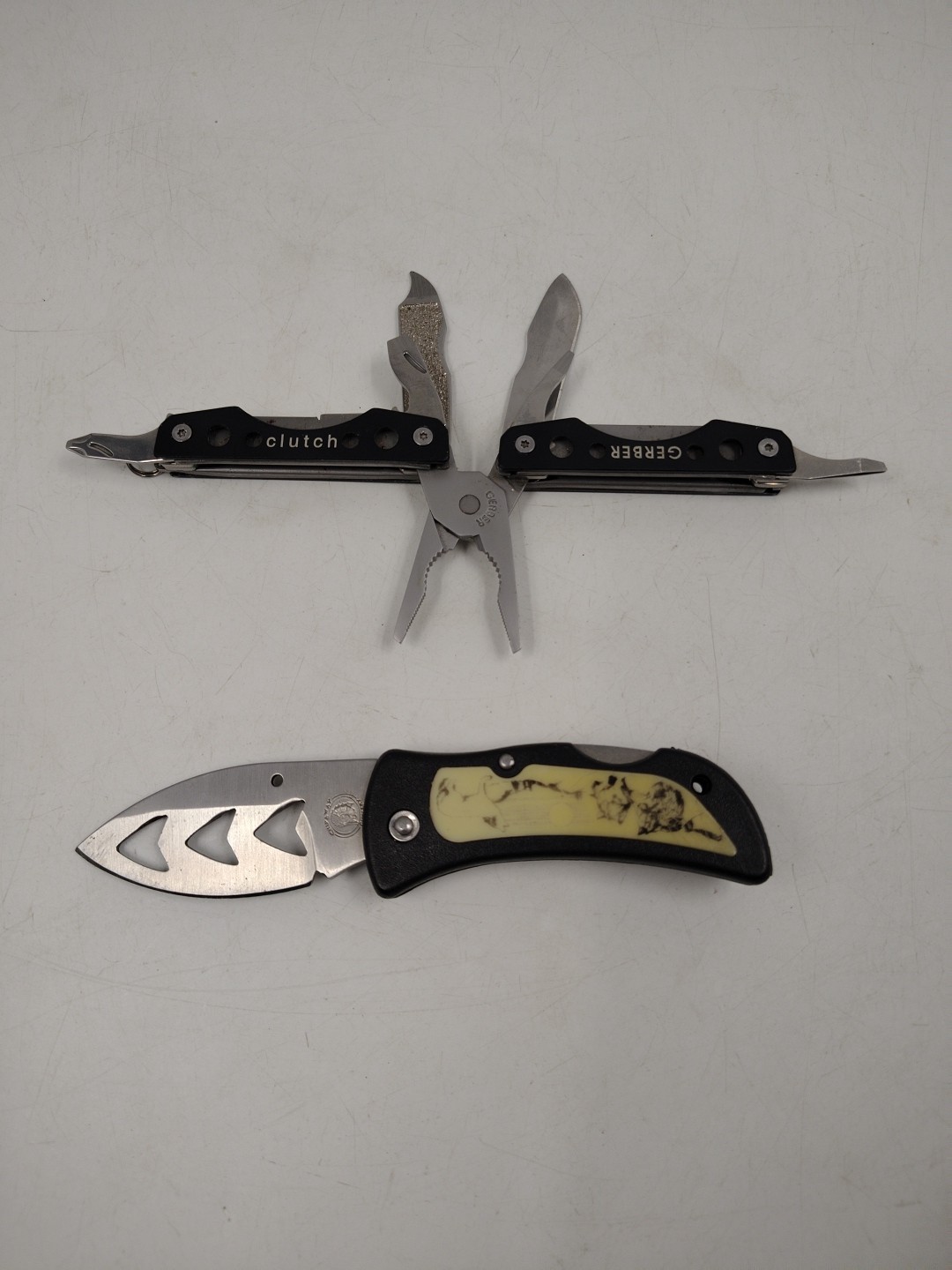Lot Of 2 Gerber Clutch Multi-Tool Pliers, Knife, File Key Ring & Chipaway Knife