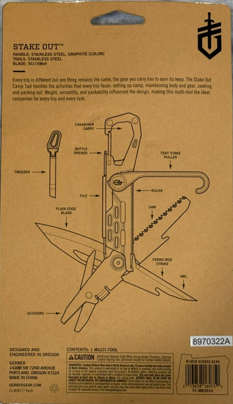Gerber Stake Out Multi Tool 11 Tools In 1 2.5″ Stainless Steel Blade 3.9 OZ