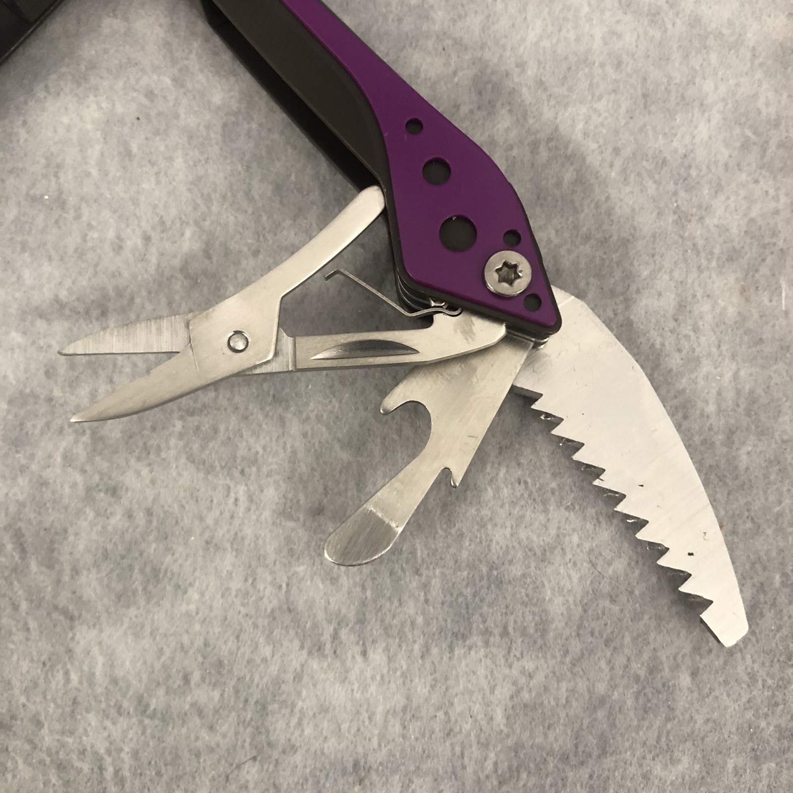 Cabela’s Multi-Tool Purple 3” Closed With Black Nylon Case With Belt Loop Clean