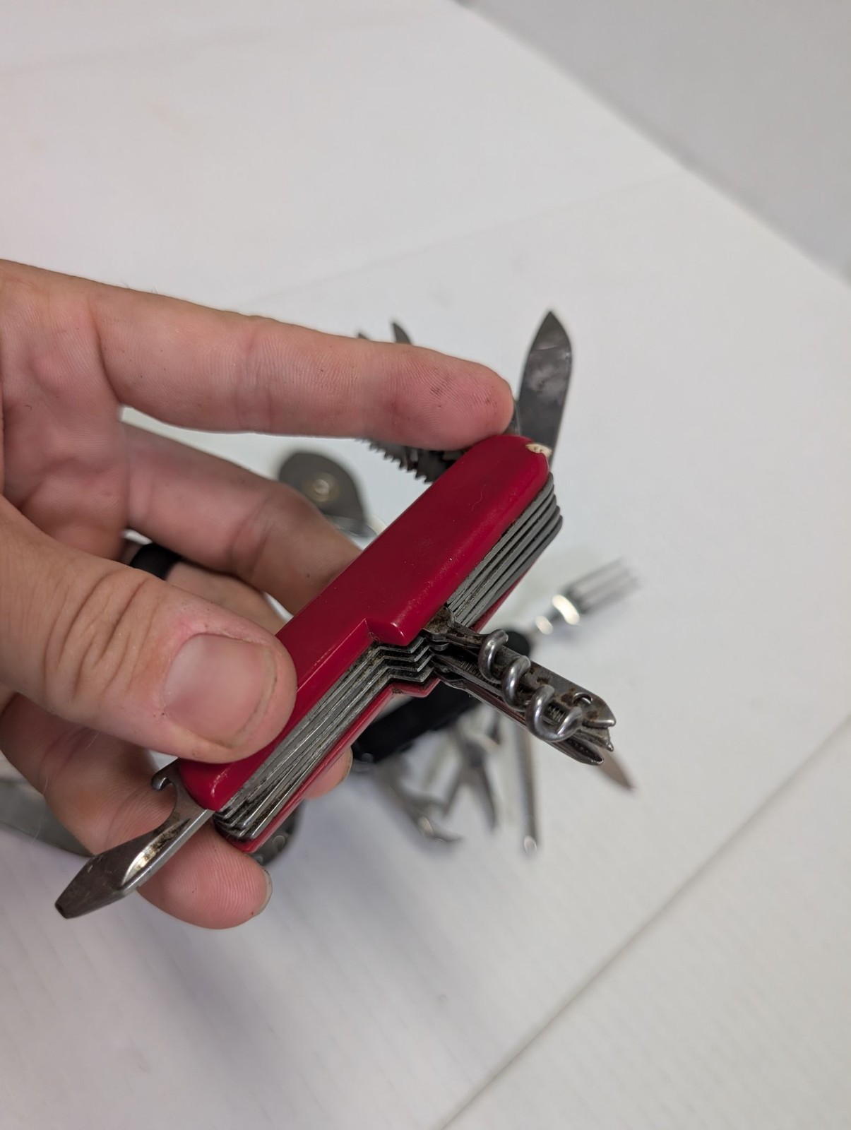 Multi Tool Pocket Knife Set 4pc Red Silver Black Camping Fork Spoon Corkscrew