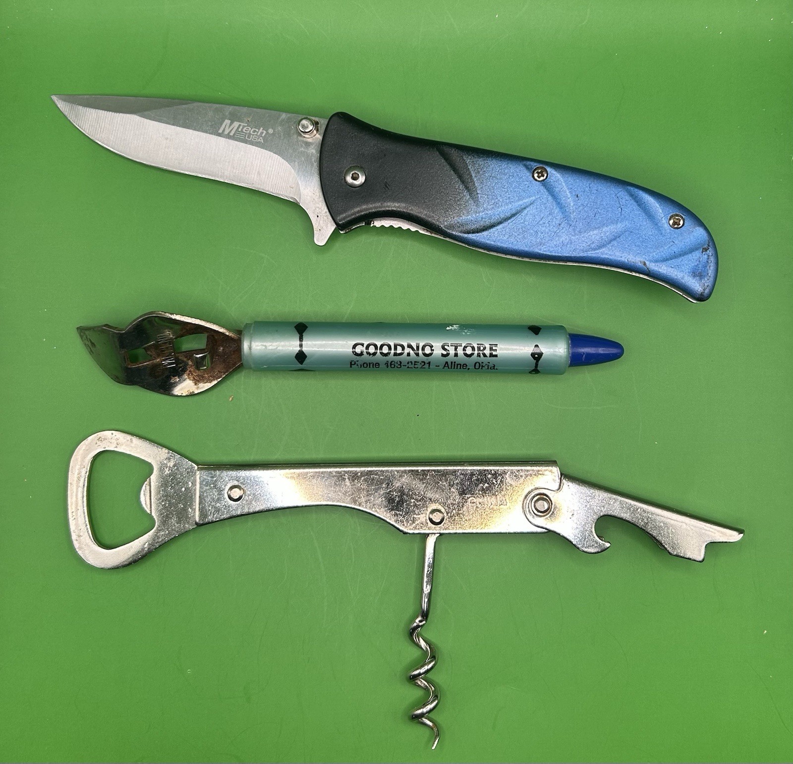 Utility Pocket Tool Bundle – MTech EDC Knife, Retro OK Ad Opener, Corkscrew