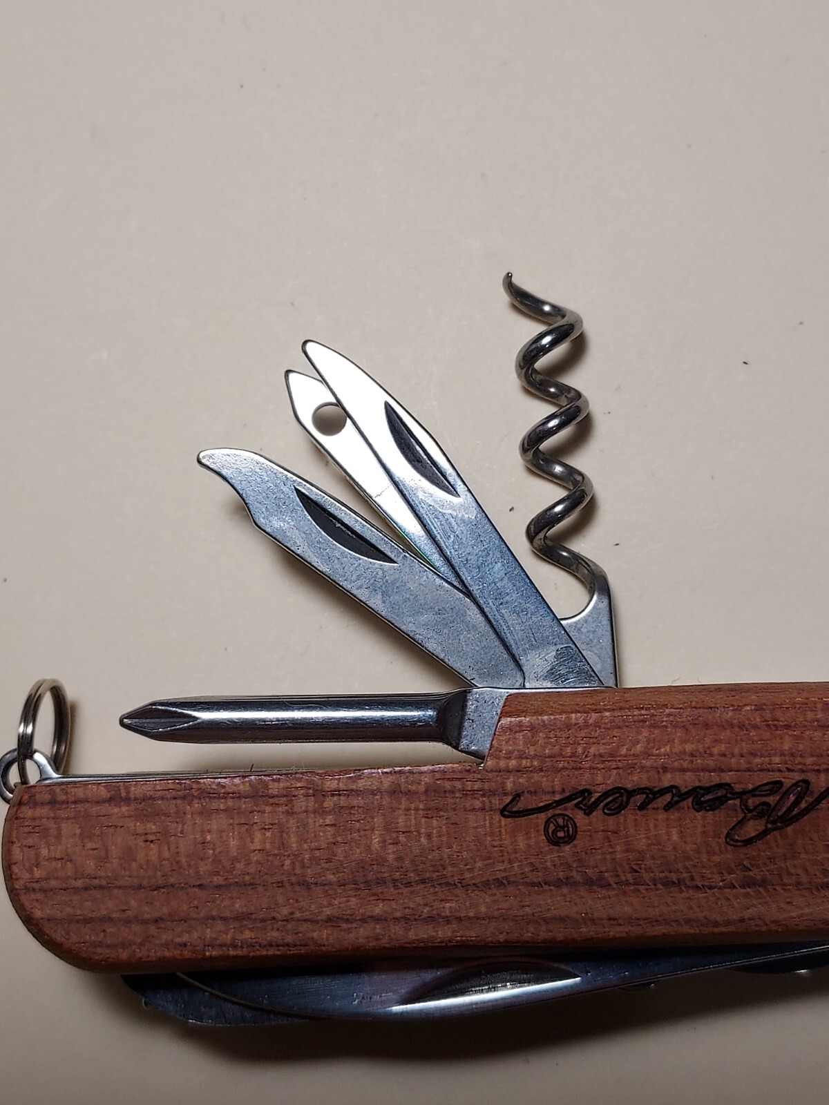 Eddie Bauer advertising Wood Handle Multi Tool *scissors needs repair*