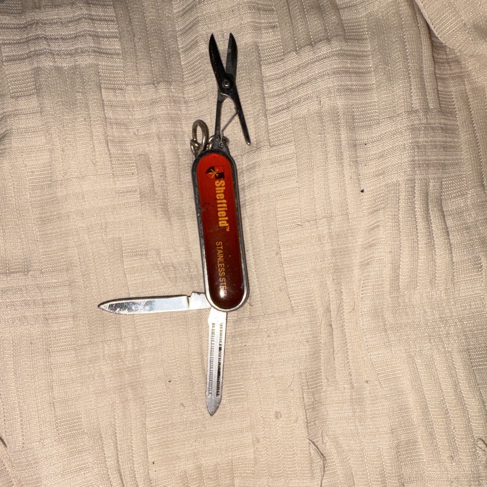 Sheffield Stainless Steel Red Multi-Tool Pocket Knife w/ Scissors File Keyring