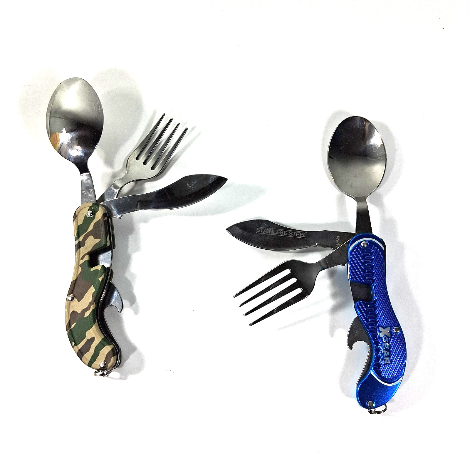 Lot Of 2 X Gear Utensils Folding Multi Tool Camping Fork Knife Spoon Camo Blue