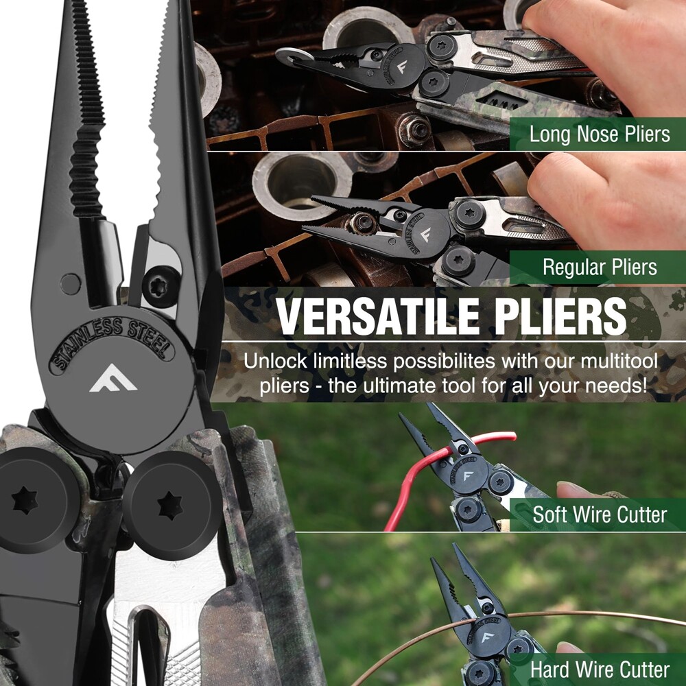 FLISSA 18 in 1 Multitool Camo Multitool Plier Fire Starter Breaker Whistler Gear