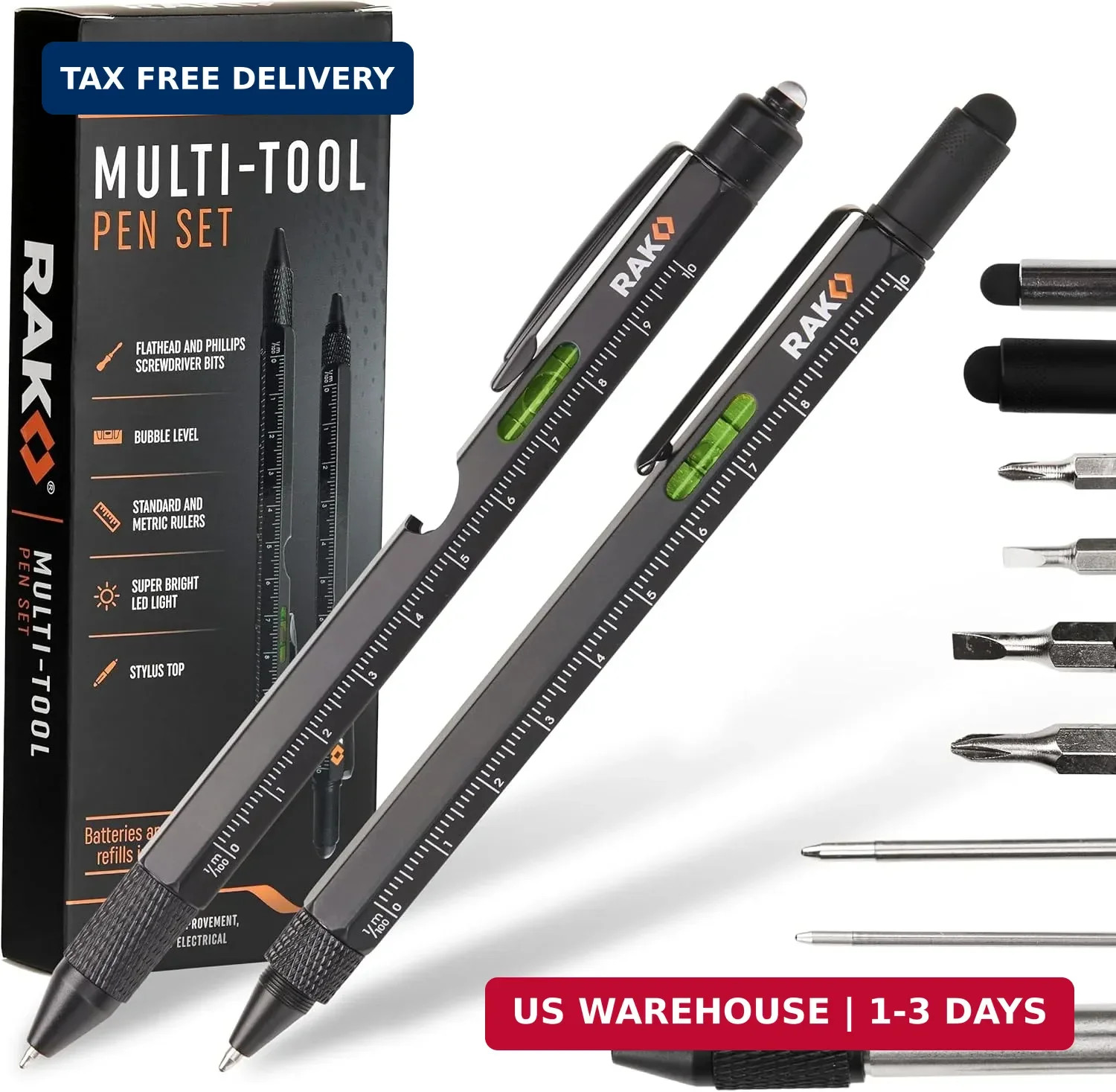 RAK Multitool Pen – Multi-Tool Pen Set 11 in 1, LED Light, Screwdrivers, Level,