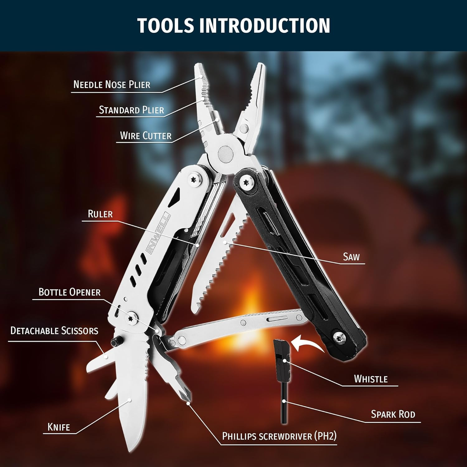 12-In-1 Multitool Pliers with Safety Lock, Fire Starter & Whistle, Stainless Ste
