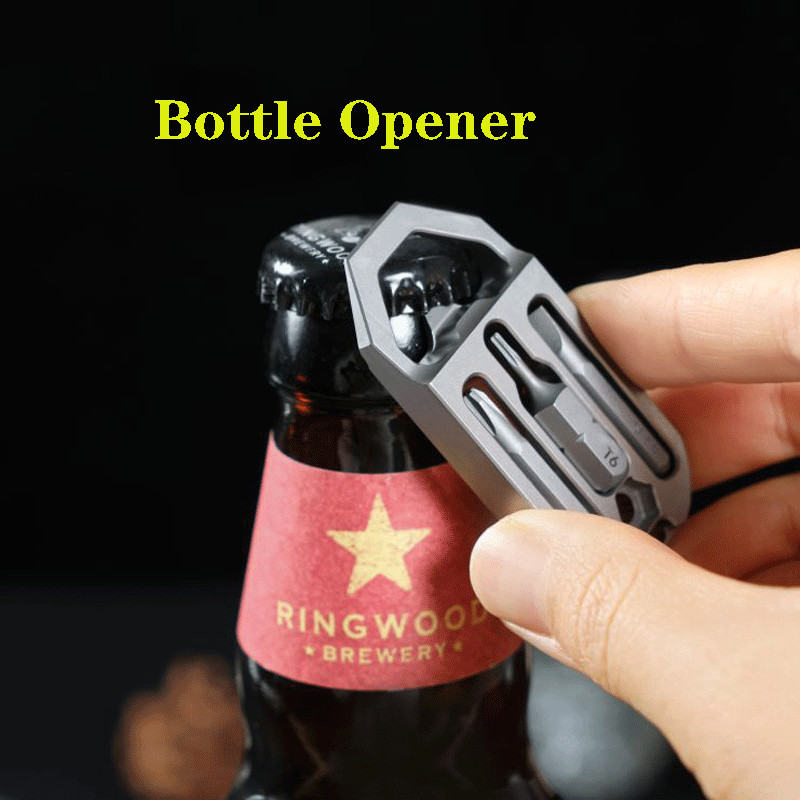 EDC Titanium Multi Tools Bottle Opener Crowbar Pocket with bit Holder Keychain