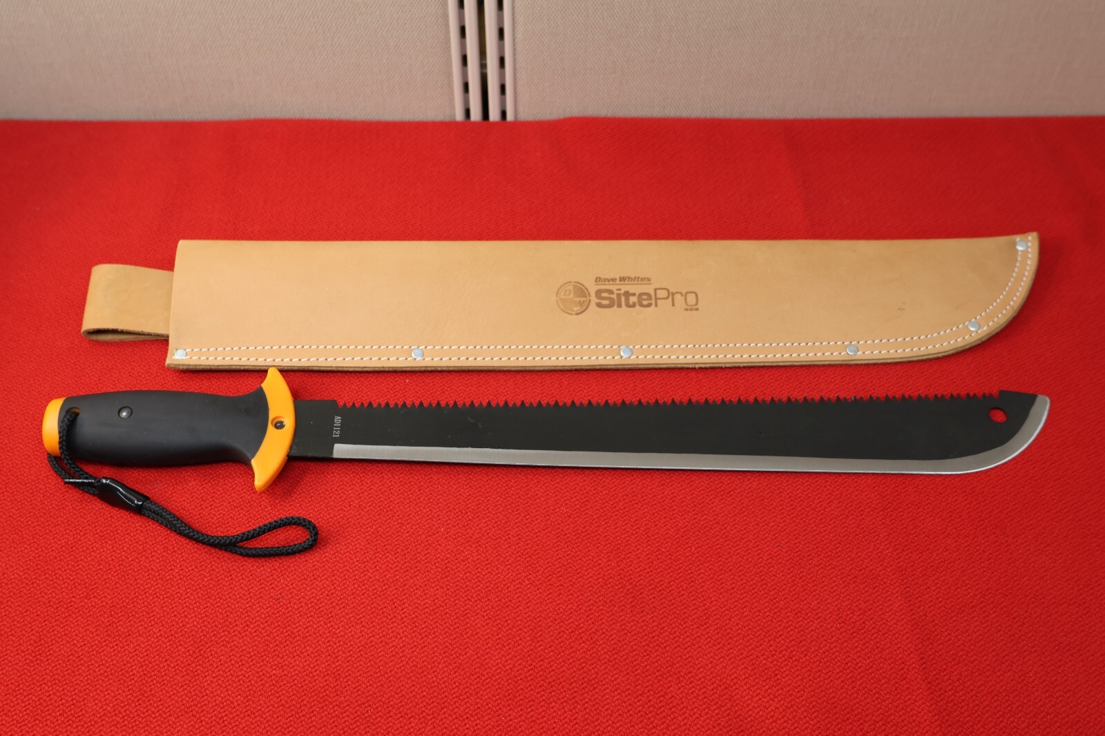 24 inch long Fiskars Survival Camping Knife with Dave White’s Leather scabbard