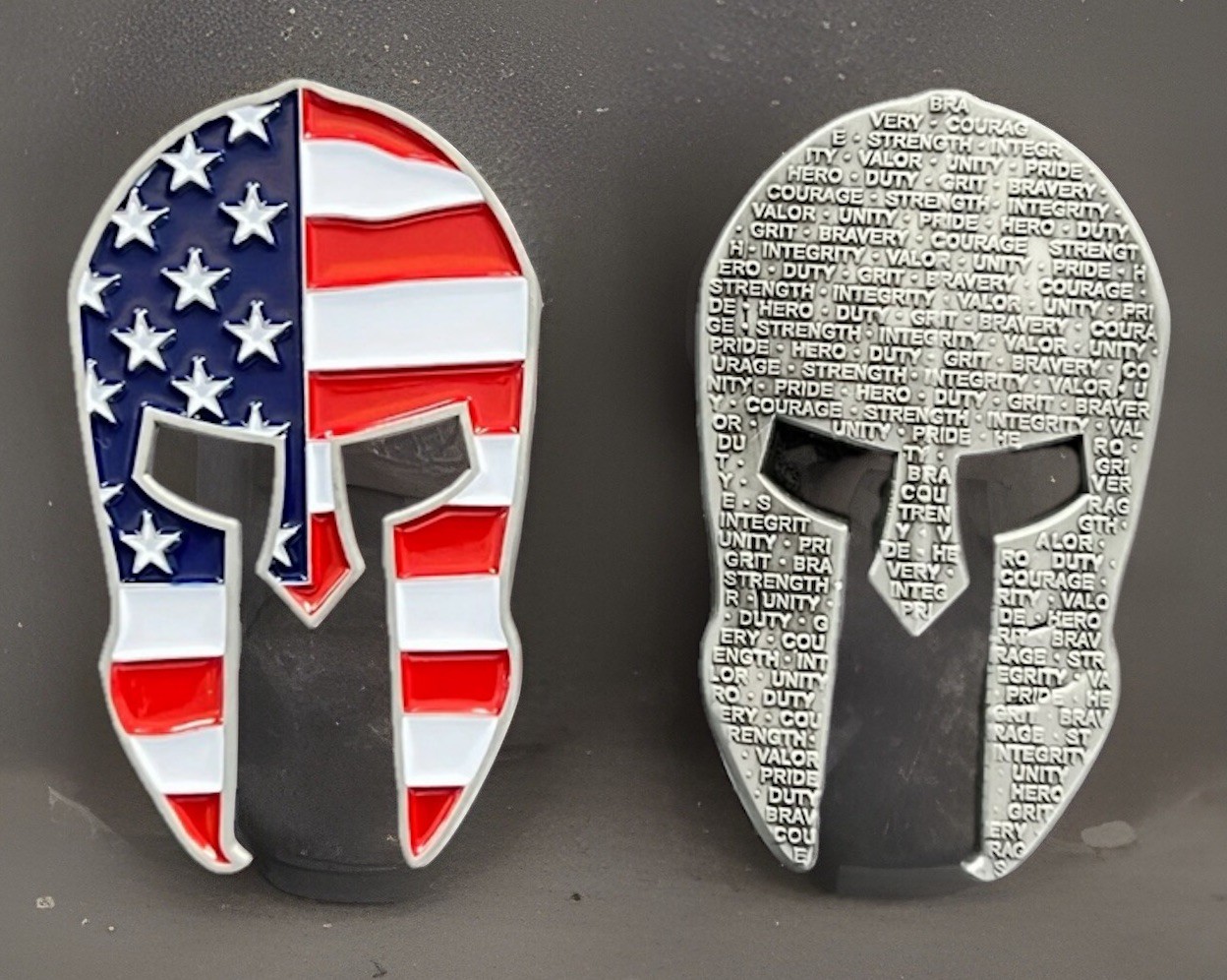 EDC Spartan Helmet Challenge Coin Bottle Opener US Flag – Photo Of Front & Back