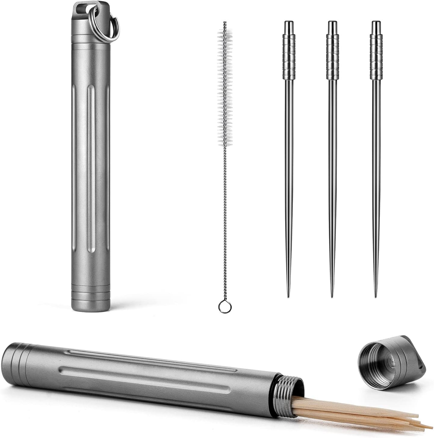 Titanium Portable Toothpick Holder Pocket with 3 Titanium Metal Toothpicks Reusa