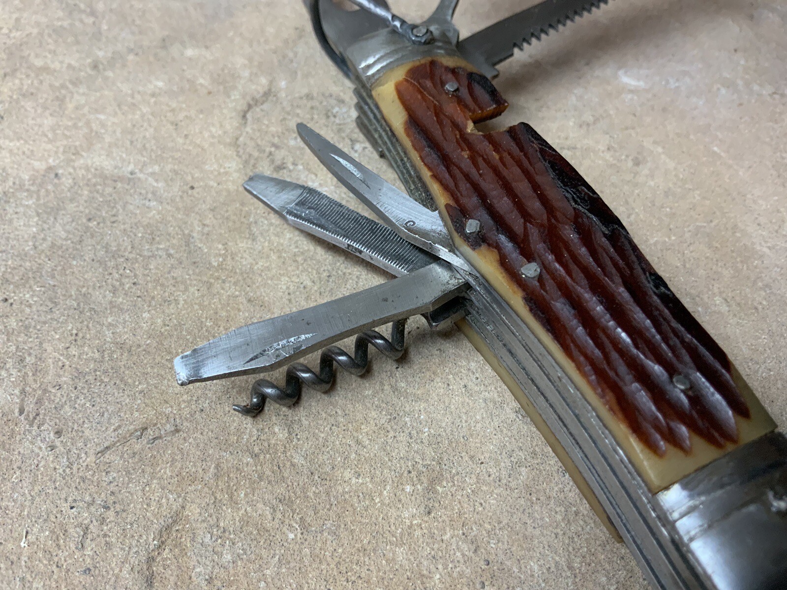 Vtg Camp Multi Tool 11 Gadgets Full Size Spoon Fork Saw Knife Open Hi Test Japan