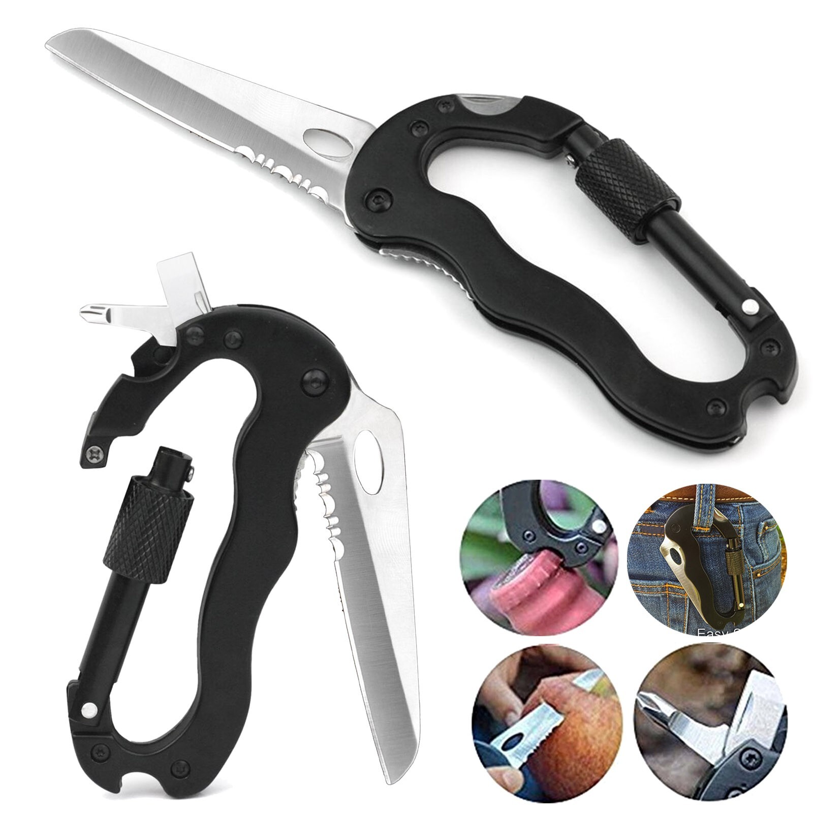 2 x Survival Camping Hiking Rescue Gear Mini Carabiner Keychain EDC Multi Tool