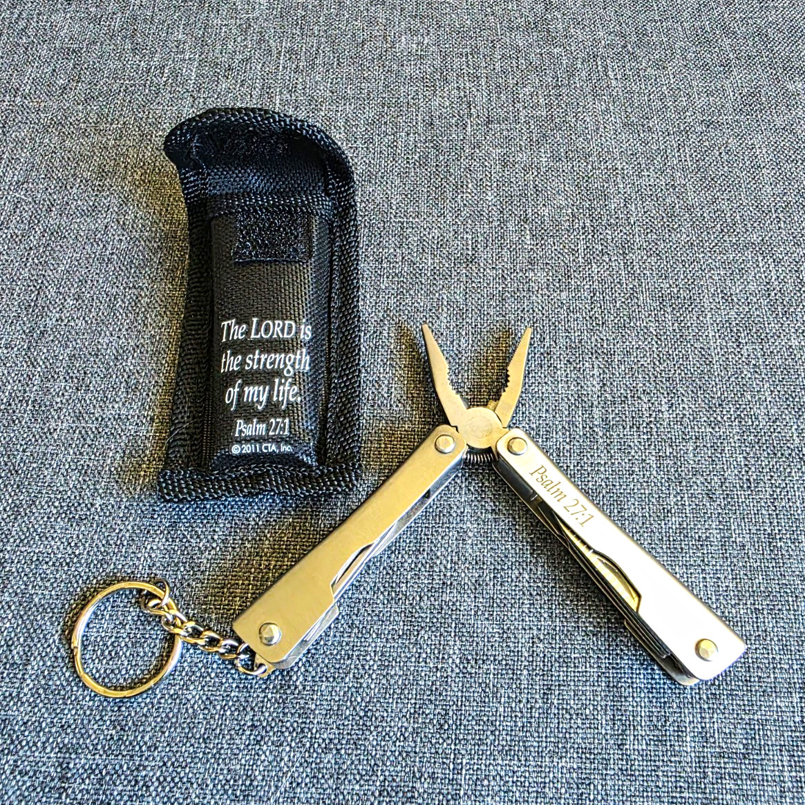 Psalm 27:1 9-in-1 Keychain Multi-Tool Pliers Knife Scissors w/ Sheath
