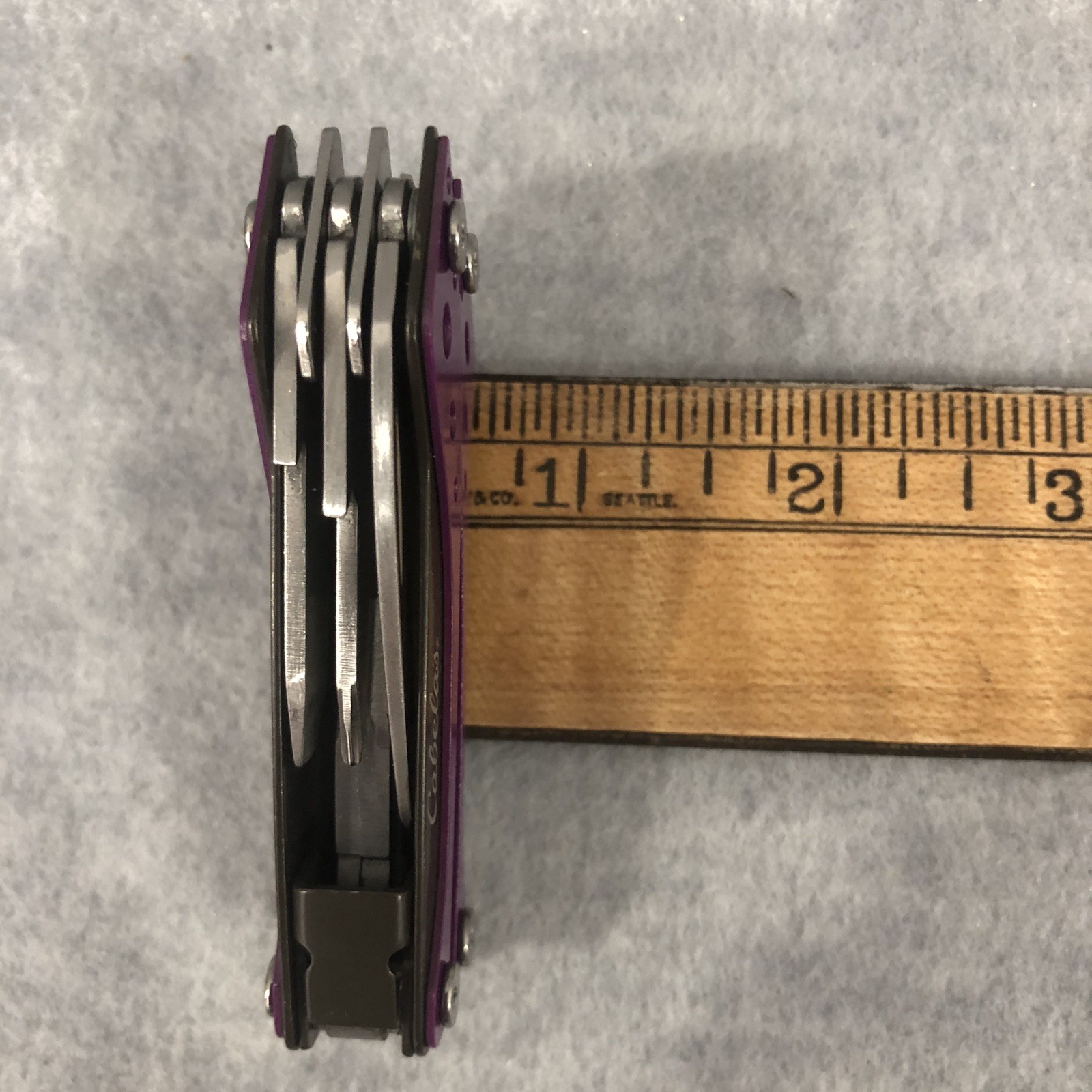 Cabela’s Multi-Tool Purple 3” Closed With Black Nylon Case With Belt Loop Clean