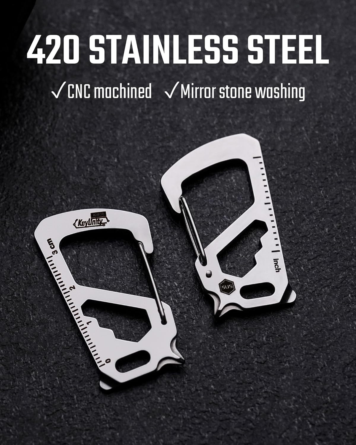 KS00S Carabiner Clip Multitool Stainless Steel 7 Tools in 1, Quick Release Clasp