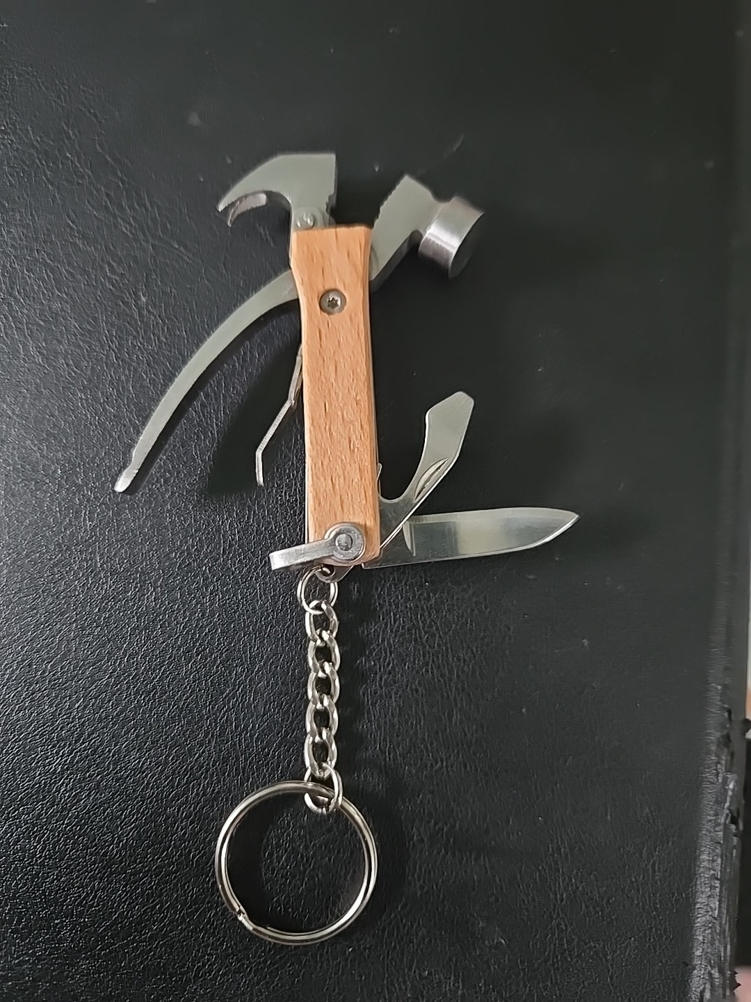 Kikkerland KR13-W Mini Wooden Hammer Tool Keyring 7 in 1 Bottle Opener Knife