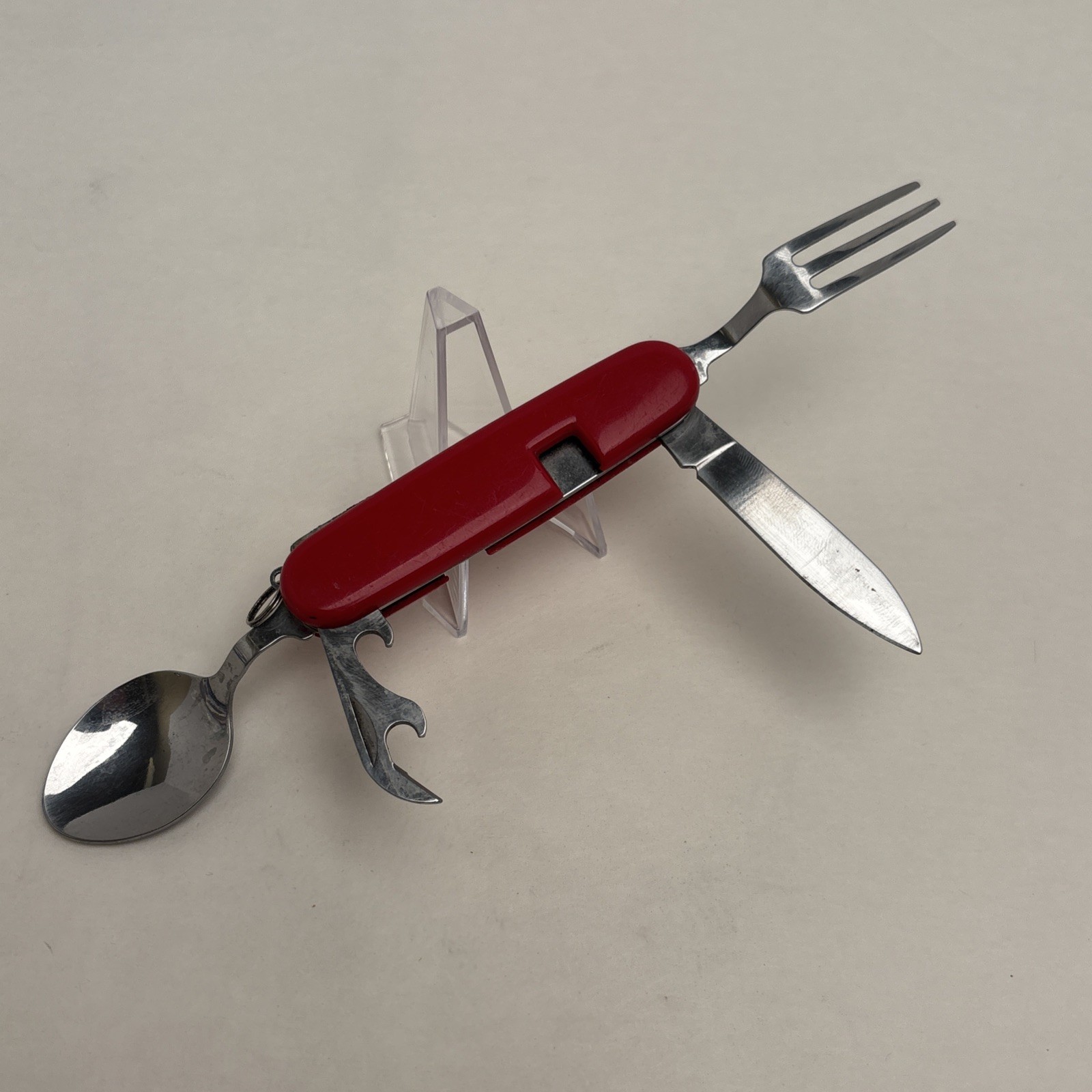 Vintage Red Camper 6 Tool Folding Knife Spoon Fork Can & Bottle Opener Hunt Camp