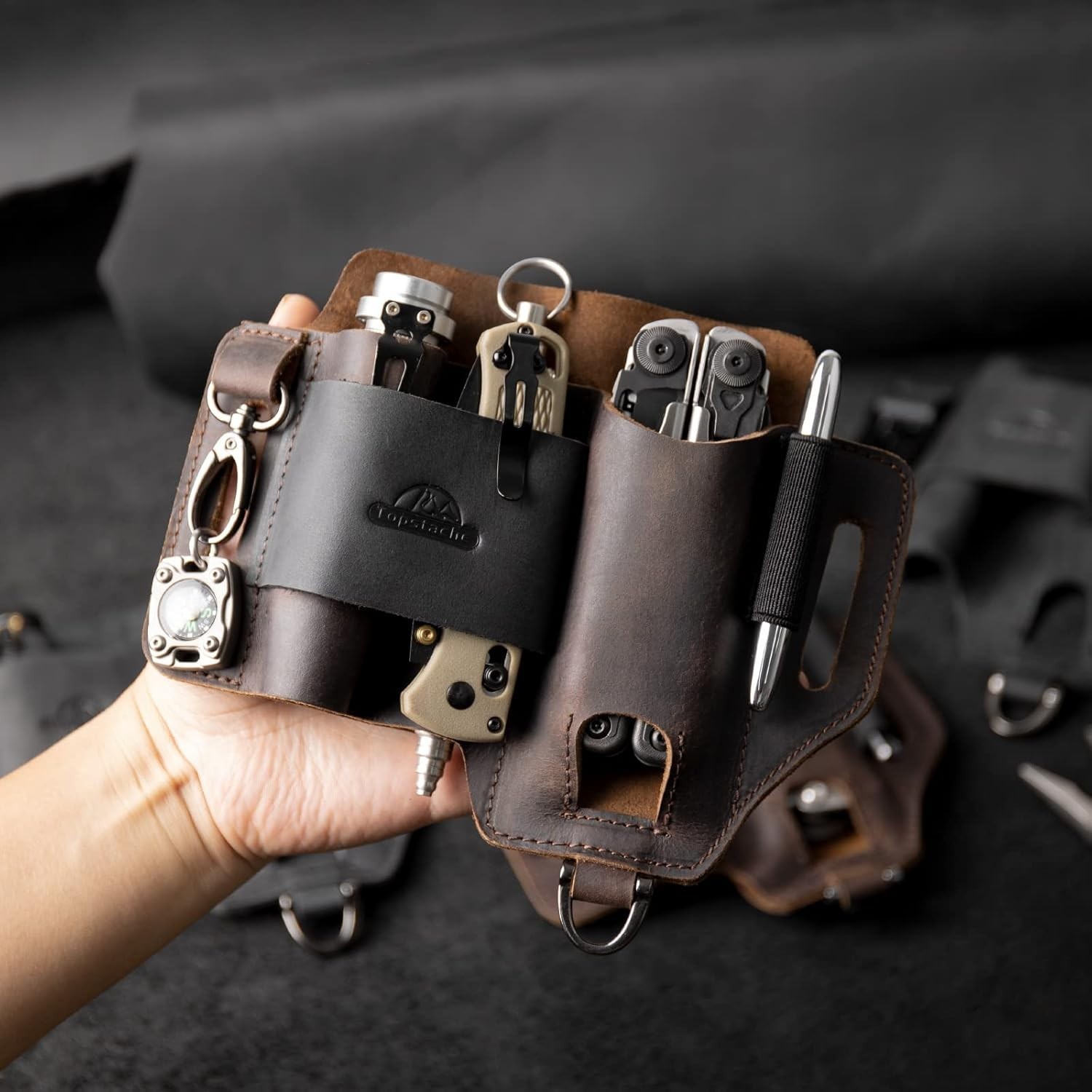 Leather Multitool Sheath – EDC Belt Organizer with 3 Pockets, Dark Brown