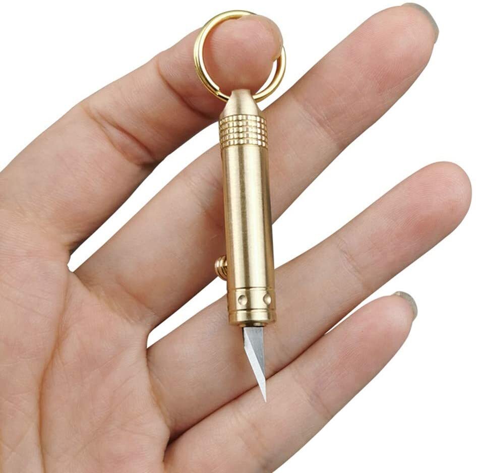 EDC Mini Portable Paper Knife Folding Pocket Keychain Brass Pendant Cutter Blade