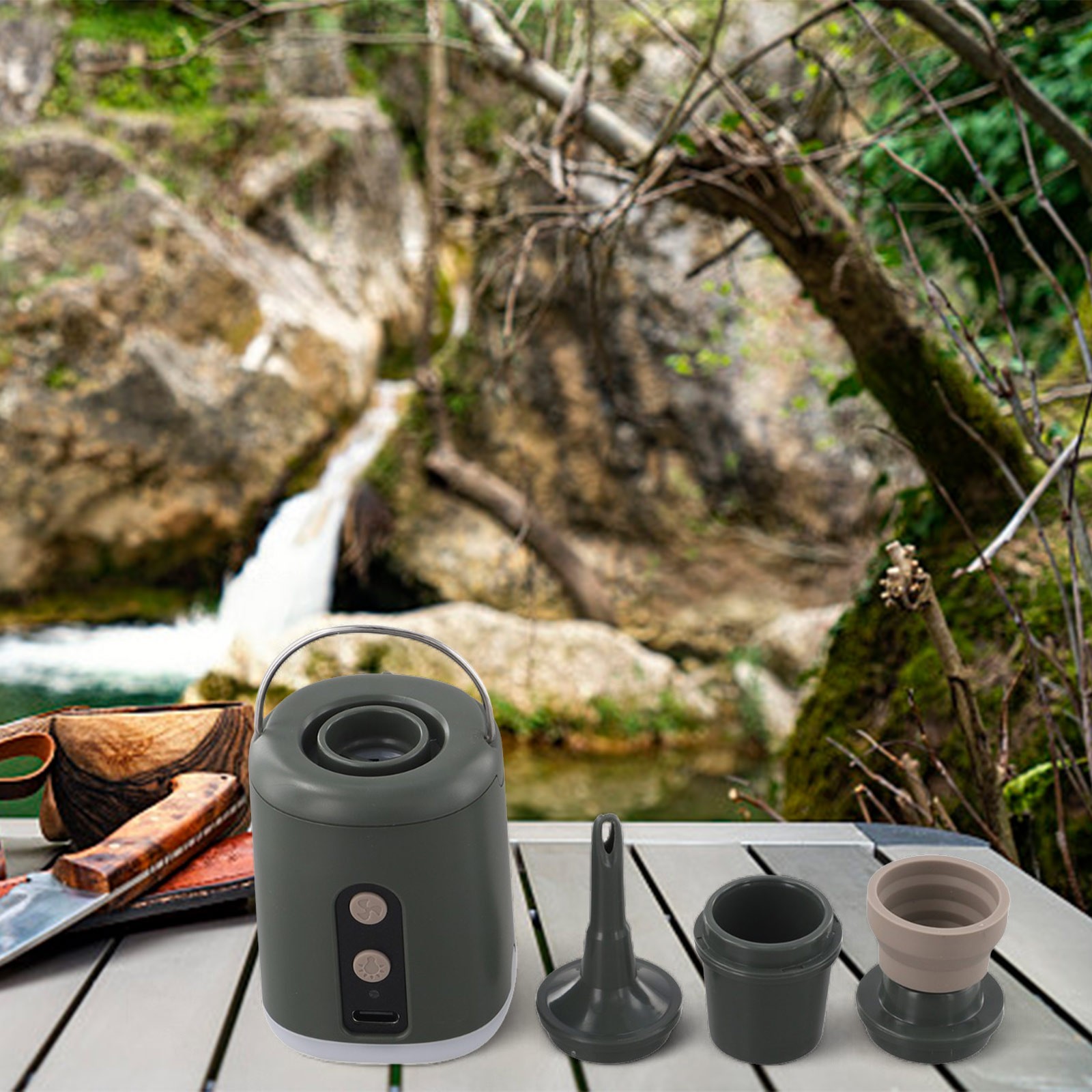 Camping Essential Compact Air Pump with LED Light and Nozzle Attachments