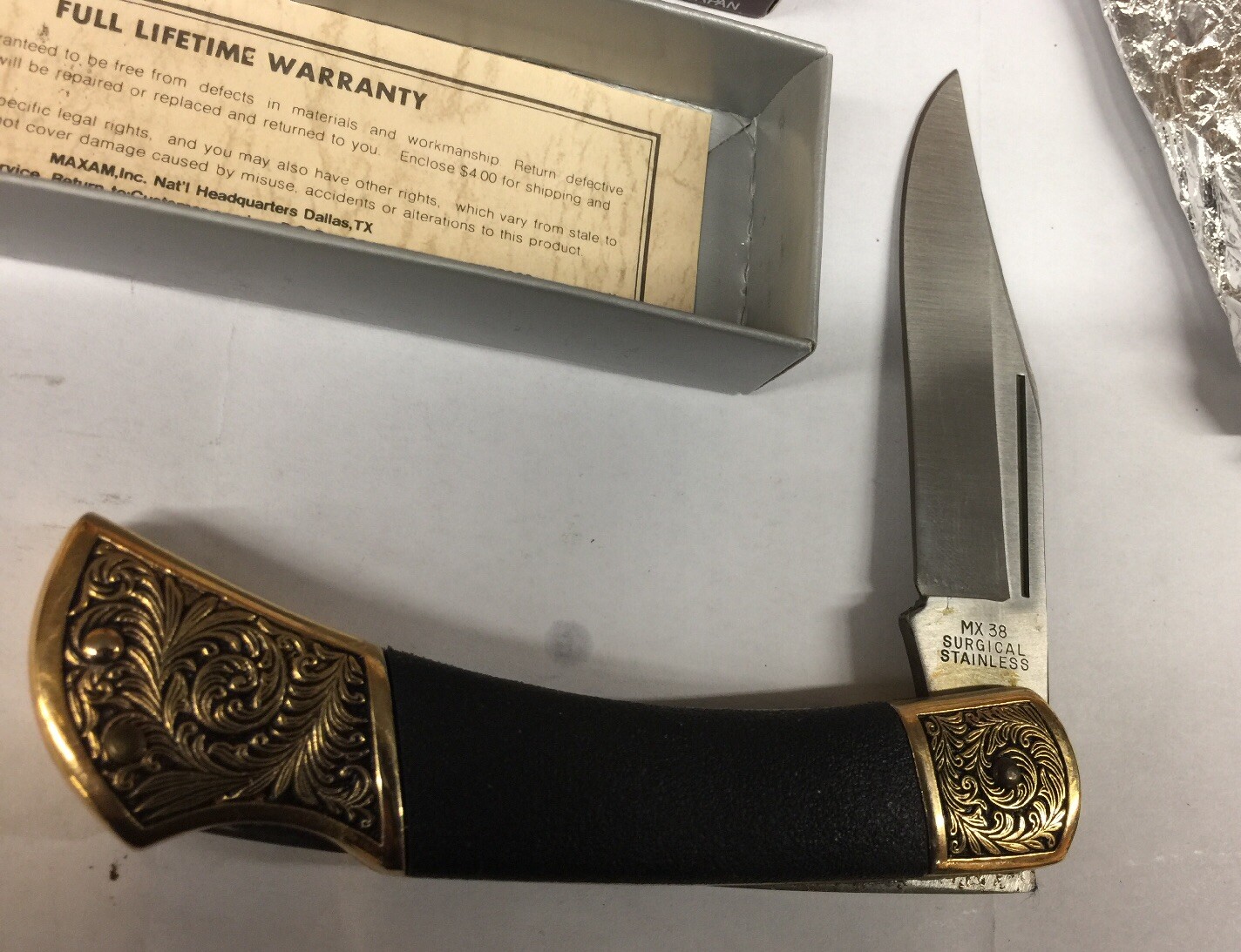 Maxam MX38 Lockback Knife Surgical Stainless Blade gold brass inlet handle Japn