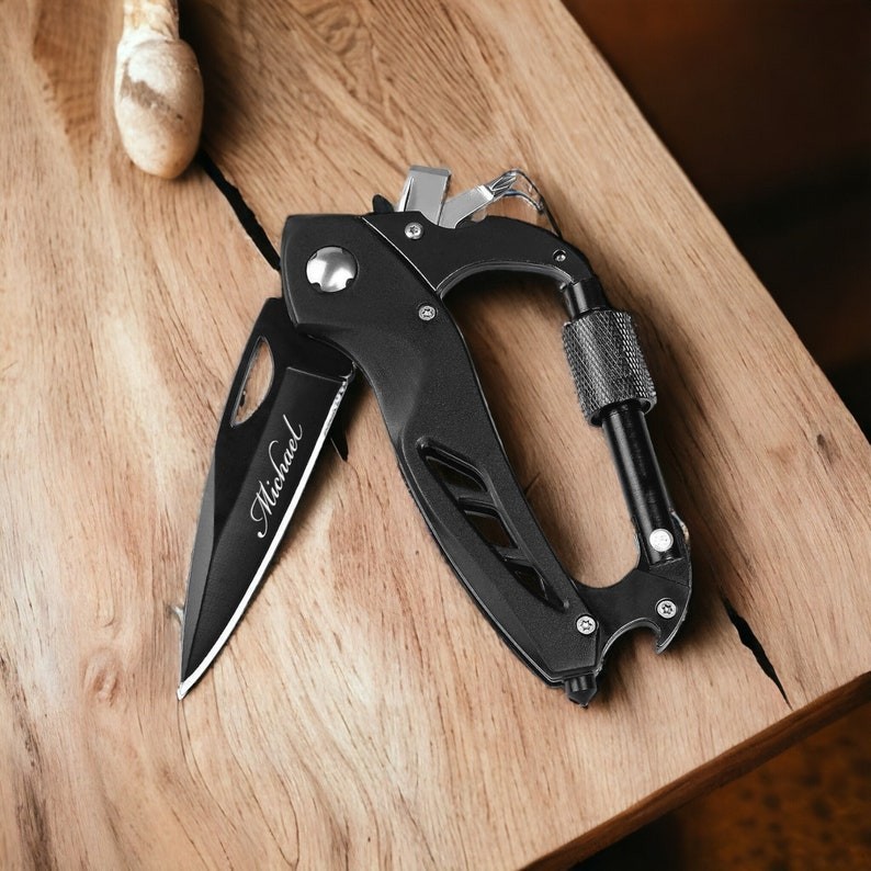 Personalized CARABINER POCKET KNIFE Groomsmen Birthday Gift for Him Dad Men Son