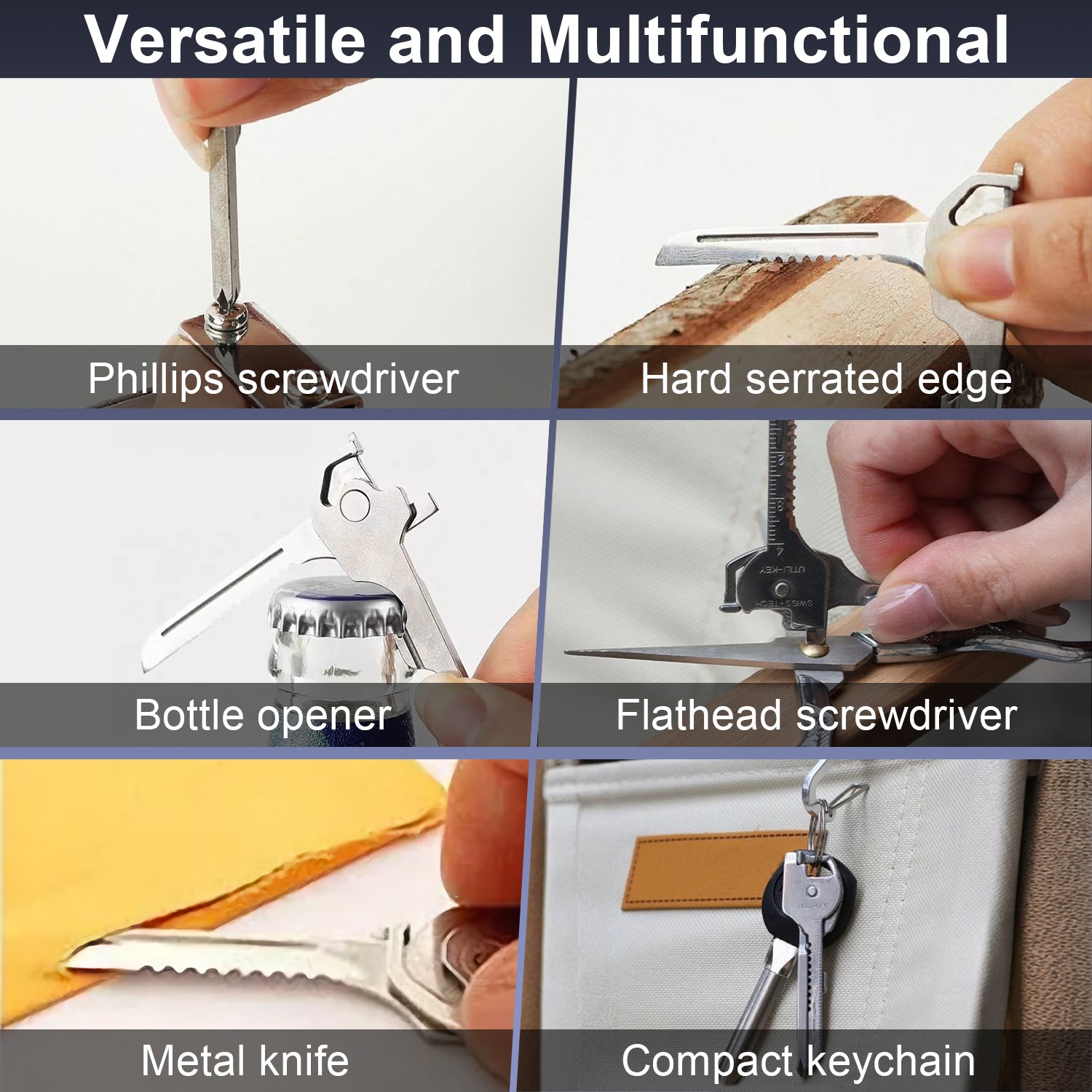 Portable 6 In 1 Multi-Functional Stainless Utili-Key Opener Keychain Ruler Tool