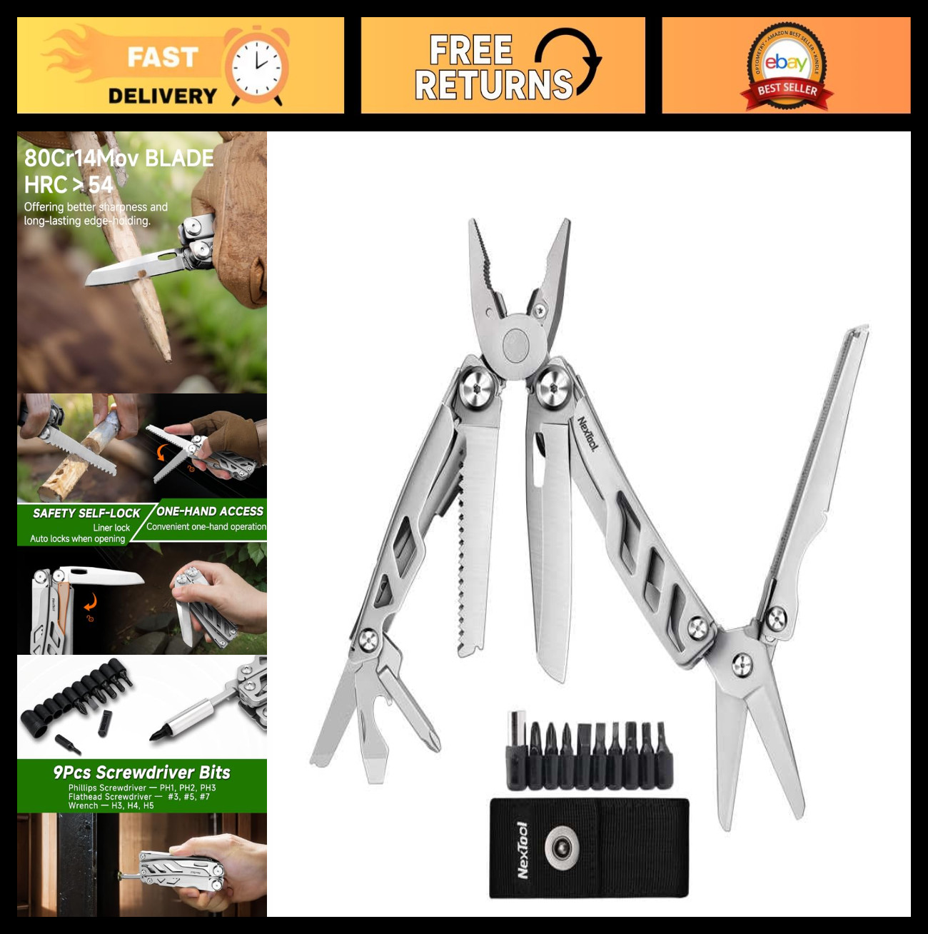 14-in-1 Stainless Steel Multi-Tool Pliers, EDC Utility Tool with Knife & Scissor