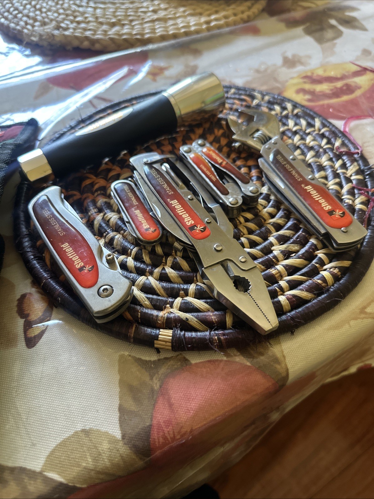 Sheffield Knife & Multi Tool Lot Of 5 With Pouch ~ Red Handle