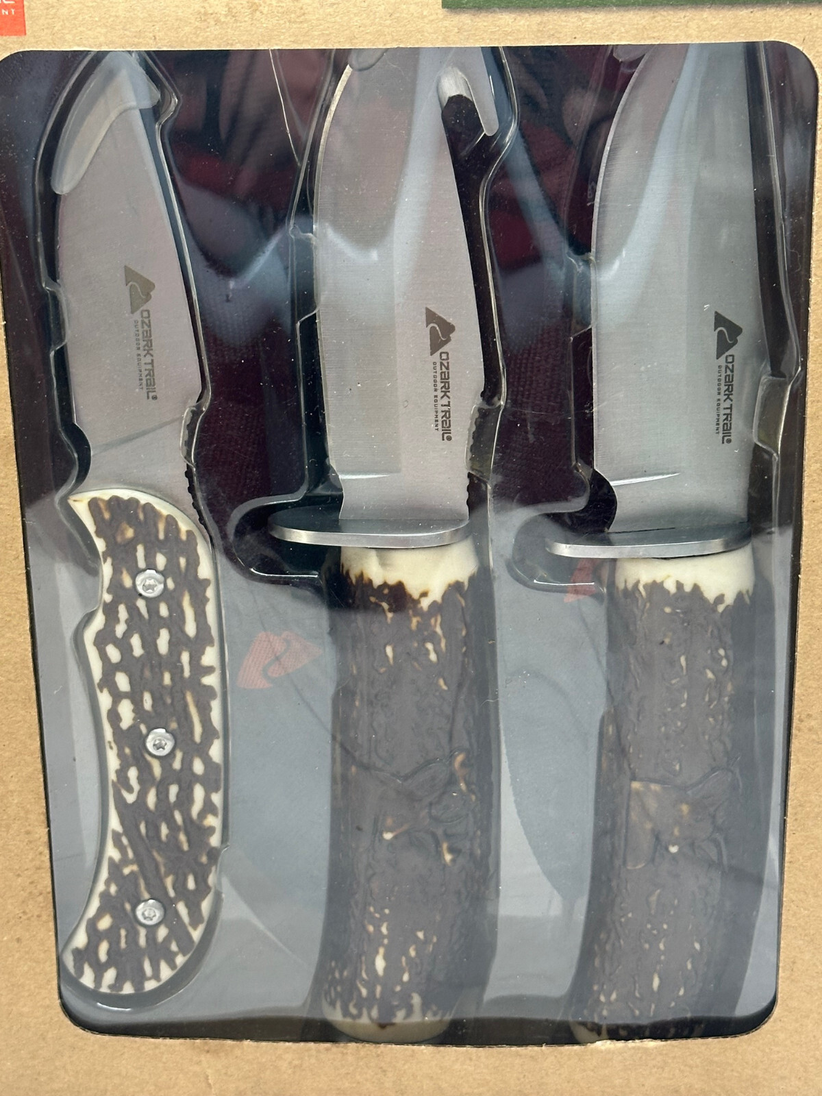 NEW Ozark Trail 5 Piece Combo Set 3 Fixed Blade Stag Finish w/2 Sheaths