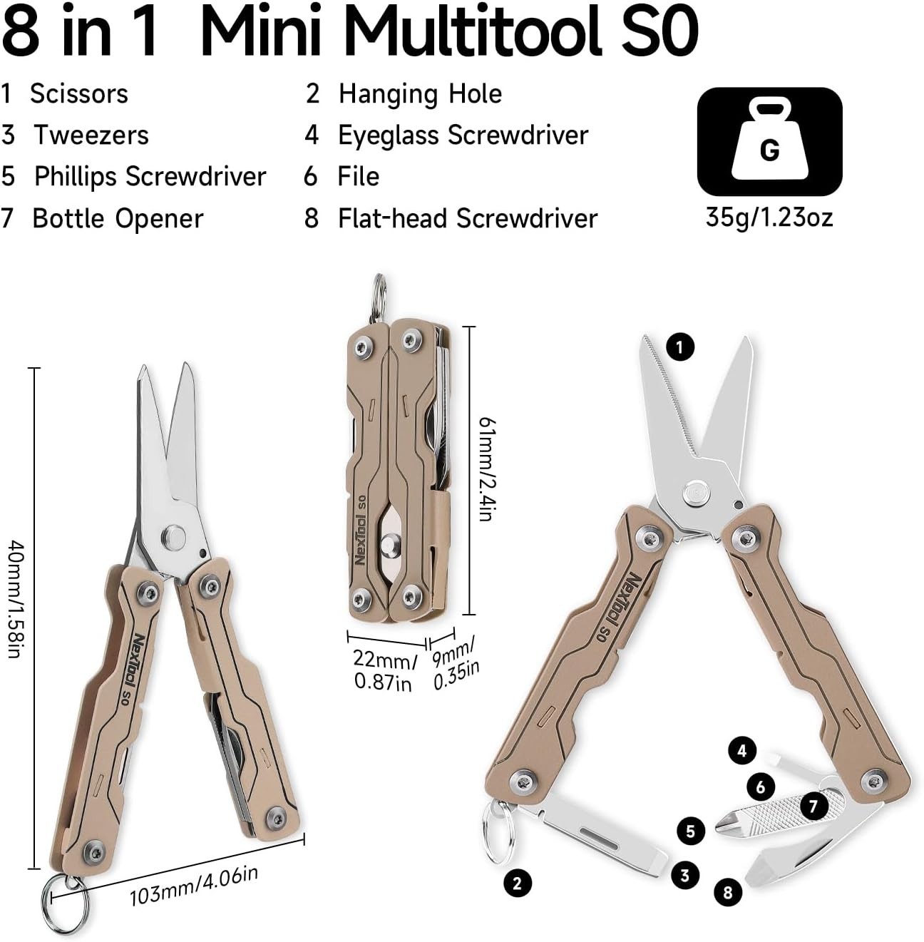 NexTool Micro Sailor S0 8-in-1 Keychain Multi-Tool Scissors EDC Gadget Khaki